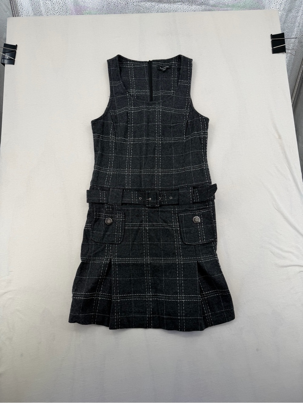 Vintage Bebe Charcoal Grey Plaid Sleeveless Belted Mini Dress